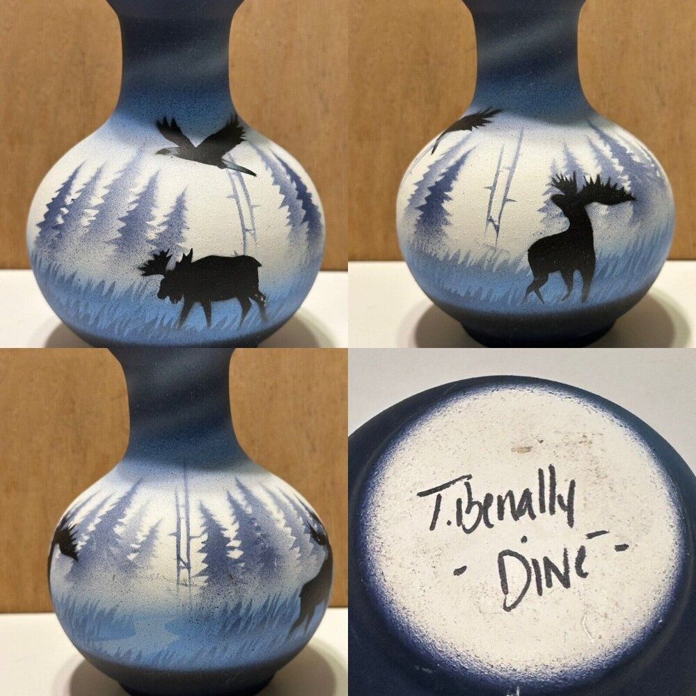 Benally Dini Vase With Eagle Bird Moose Native American Pottery Forrest Trees